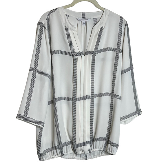 41 Hawthorn Womens Blouse Size Medium White Black Windowpane 3/4 Sleeve Chiffon - Picture 1 of 7